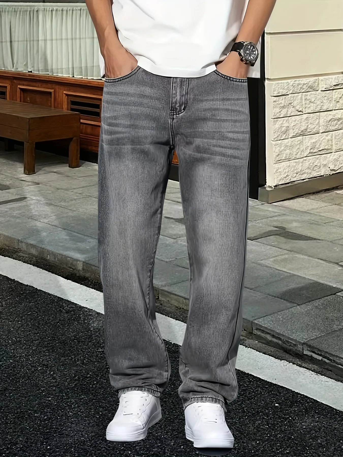 Men'S Fashion Grey Jeans - メンズファッション グレー ジーンズ カジュアルウェア ウォッシュ加工ジーンズ、四季快適、ノンストレッチ生地、無地、カジュアルジーンズ