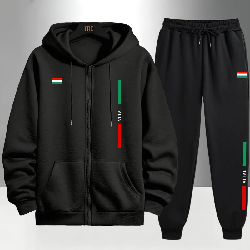 Men'S Fashion Zipper Hoodie - イタリアファッション メンズセット ジッパー付きアウターとスウェットパンツ 秋冬 デイリーカジュアル スポーツ