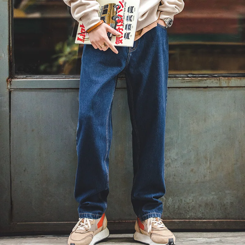 Men'S Fashion With Baggy Jeans - 魔伝洗浄デニムジーンズ12.8オンスレトロルーズストレートパンツバギーパンツオーバー28-38ファッション男性の服2色