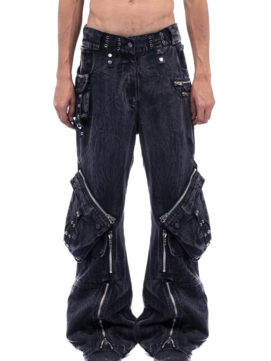 Men'S Fashion With Baggy Jeans - Y2K ブラック ゴシック パンク マルチポケット ジッパー