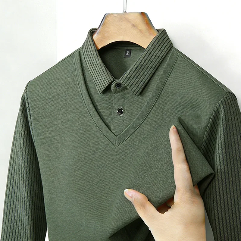 Men'S Fashion Course - メンズフェイクツーピースシャツ襟 V ネック長袖トップカーキストライプカジュアルファッション柔らかい生地日常着ブラウス