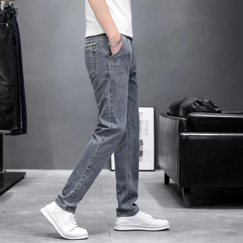 Men'S Fashion Grey Jeans - 秋の新作、スリムフィットのスキニージーンズ。メンズファッション、カジュアルスタイルに最適。伸縮性のあるデニム素材を使用し、快適な履き心地。グレー。ブランド品。大きいサイズ（38、40）もご用意。