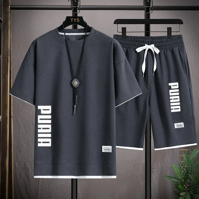 Men'S Fashion Course - 2026年新作 メンズTシャツ＆ショートパンツセット 2-in-1 夏用 通気性 カジュアルTシャツ