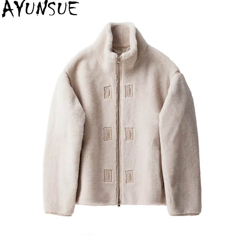 Mens Fashion Winter 2025 - AYUNSUE 天然メリノ羊ムートンジャケット男性 2025 秋冬ファッションリアルファーコートショートオートバイジャケットスタンドカラー