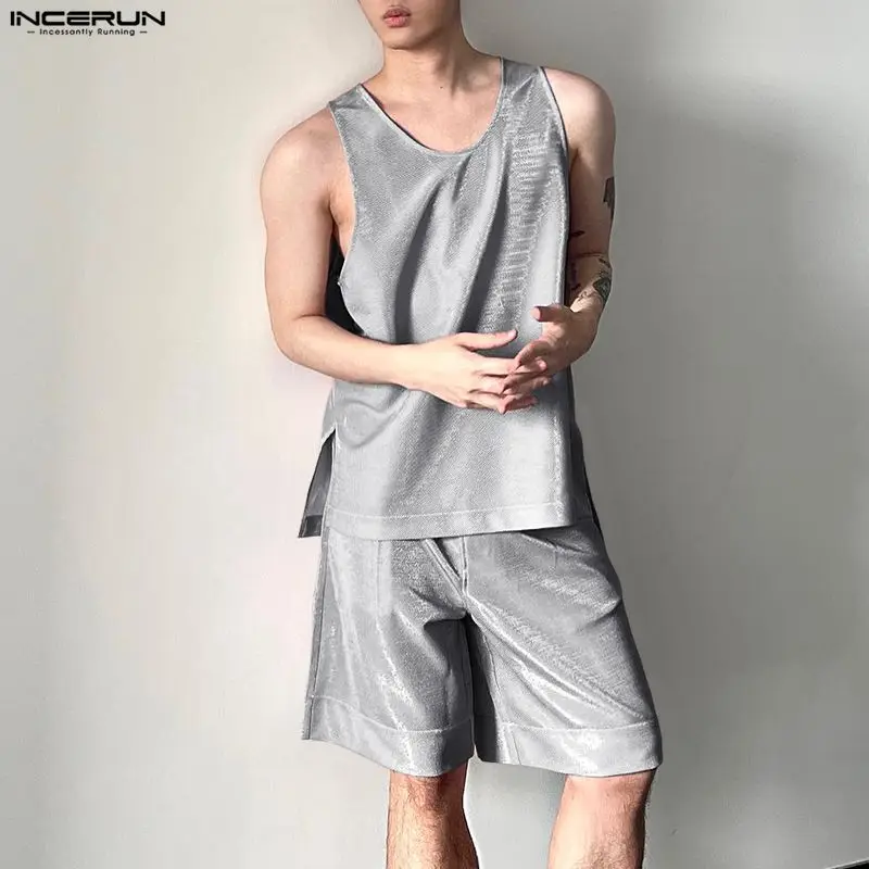 Mens Fashion Summer - INCERUN メンズセット光沢のある固体 O ネックノースリーブタンクトップショーツ 2 ピースセットストリートウェア