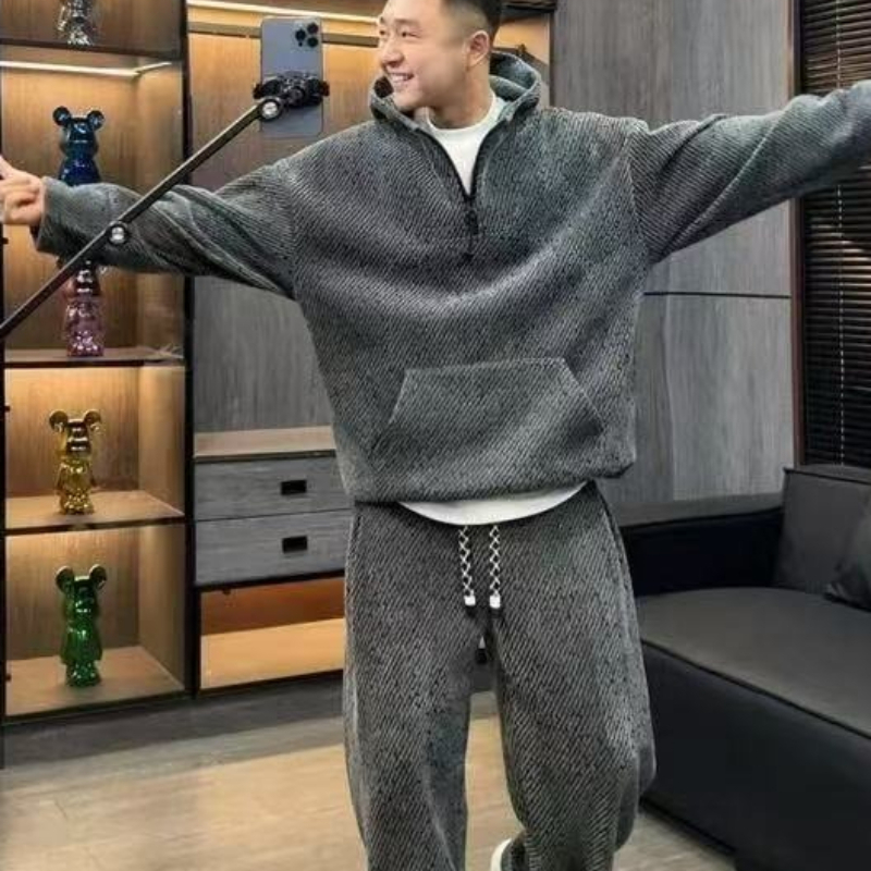 Men'S Fashion Zipper Hoodie - メンズストライプ柄フーディセット 厚手フリース ジップアップトラックスーツ カジュアルファッション 秋冬用 暖かい2ピースセットアップ