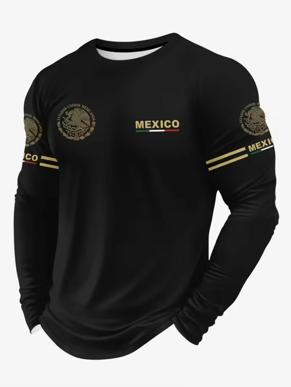 Men'S Fashion Course - メンズメキシコイーグルプリントTシャツ、ファッショナブルで快適な長袖Tシャツ、カジュアルなOネックプルオーバー、秋向けのゆったりとしたメンズトップス