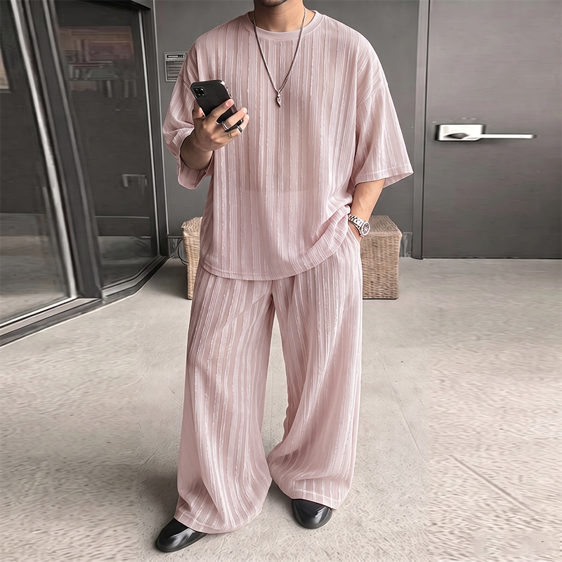 Men'S Fashion Course - INCERUN メンズセット ストライプ柄 シースルー 半袖Tシャツ パンツ