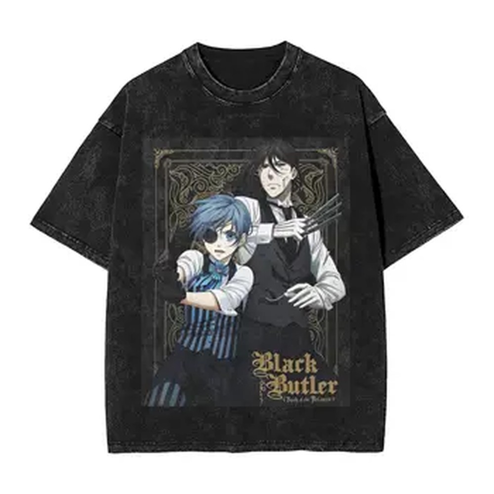 Graphic Tee Oversized - アニメ黒執事グラフィック Tシャツ男性女性服夏の綿ソフト半袖 Tシャツヴィンテージウォッシュオーバーサイズ Tシャツ