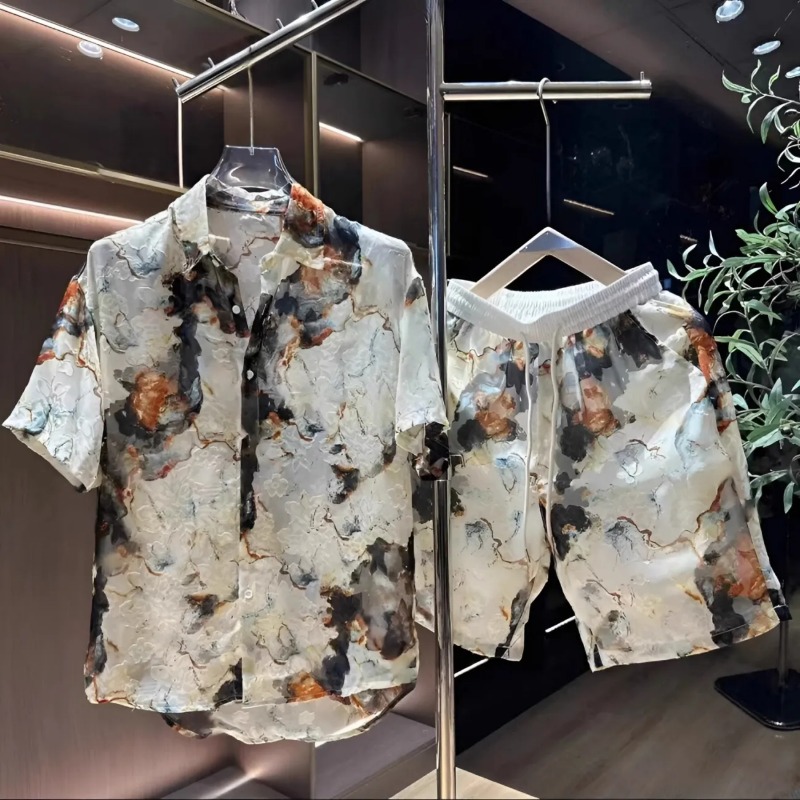 Men'S Fashion Course - ファッショナブルでカジュアルなメンズ新作ハイエンドトレンドプリント柄ショートパンツとシャツのツーピースカジュアルスーツ