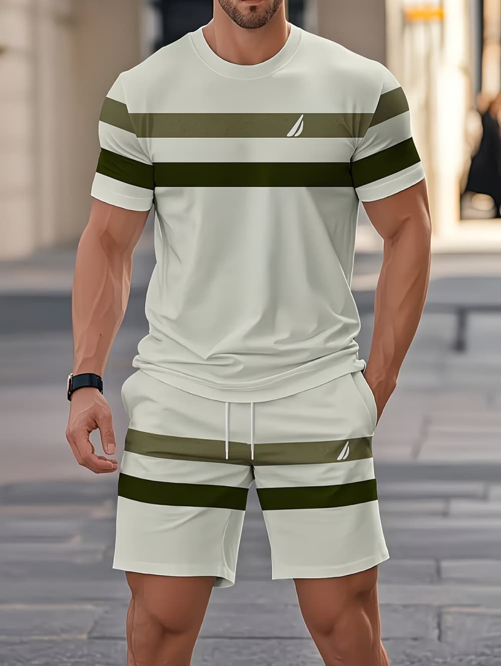 Men'S Fashion Course - メンズサマーセット面白い3Dストライププリント半袖Tシャツ+ショートパンツ2ピースファッションルーズメンズアウトフィットカジュアルシンプルスポーツスーツ