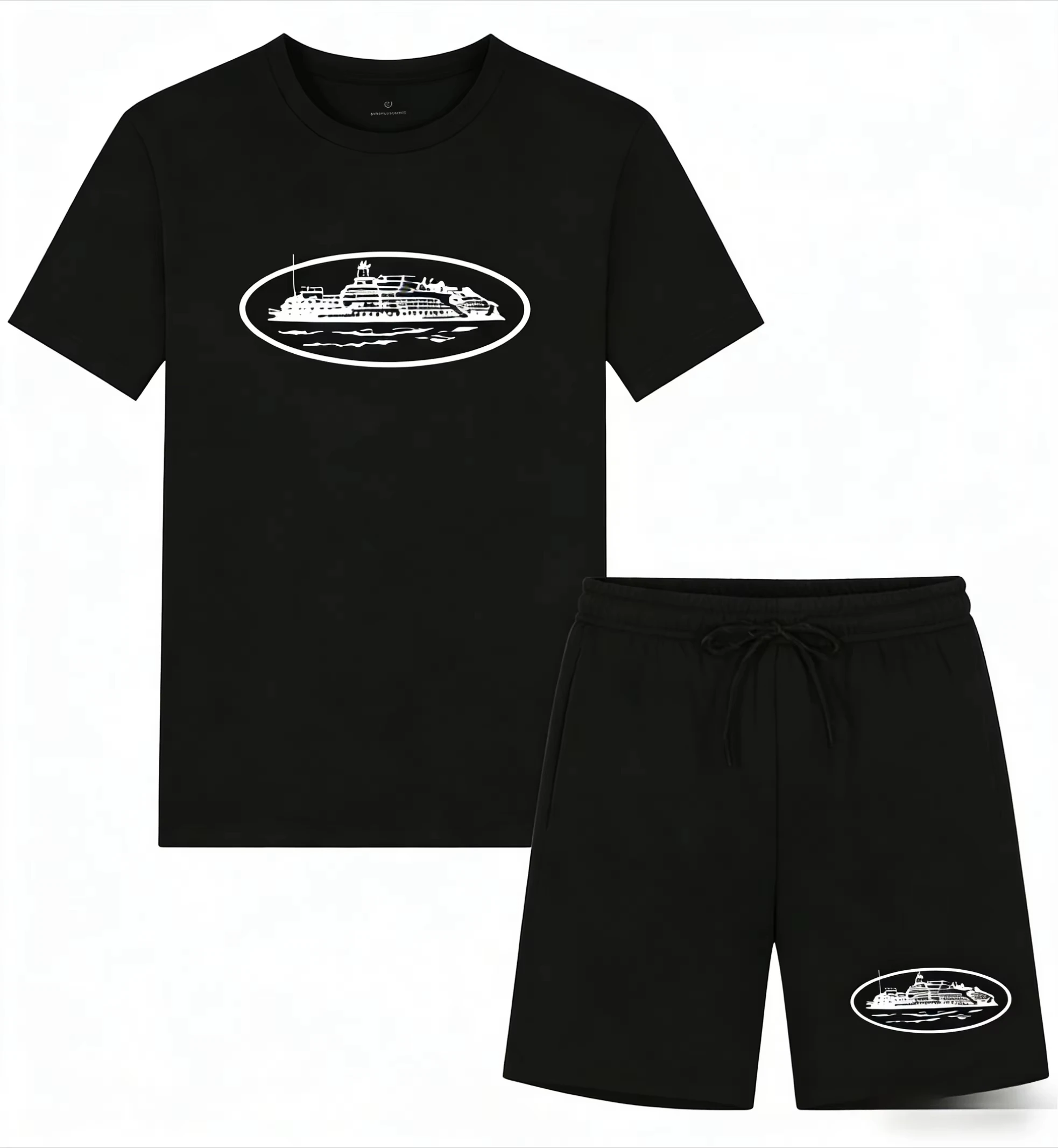 Men'S Fashion Course - 2026年夏新作 小型ボートプリント ツーピースTシャツ＆ショートパンツ ルーズラウンドネック 通気性ハーフスリーブ カジュアルファッションブランド