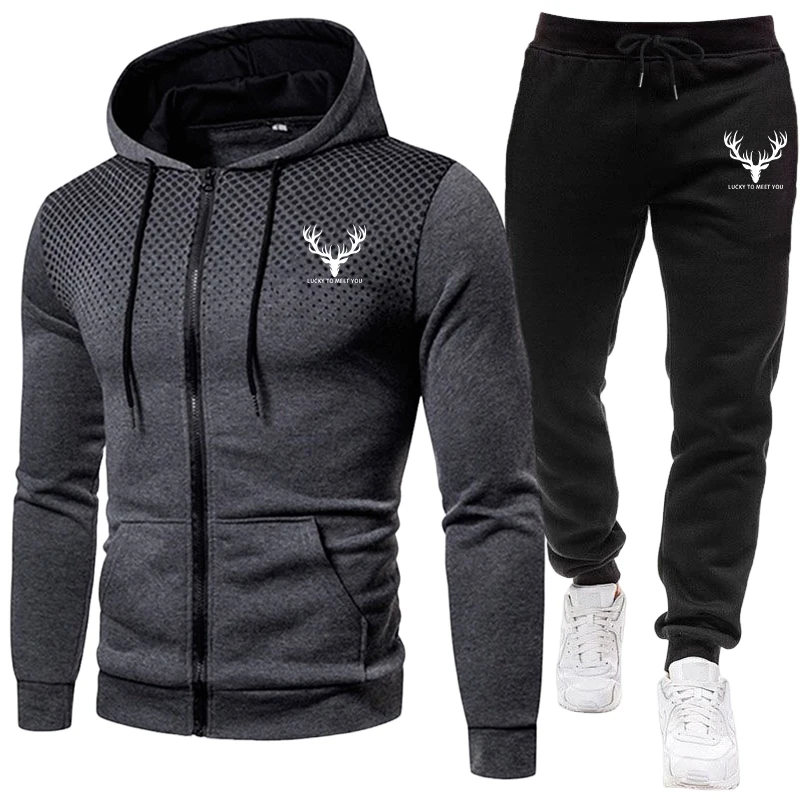 Men'S Fashion Zipper Hoodie - 2026新作 メンズセット ジップアップパーカーと黒のスウェットパンツ 秋冬 デイリーカジュアルファッション スポーツウェア
