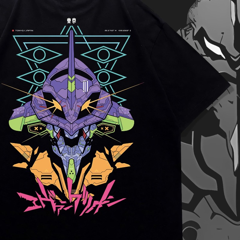 Graphic Tee Oversized - アニメ風メカデザインの両面プリントTシャツ、ゆったりとしたシルエットの「エヴァンゲリオン01」グラフィックTシャツ、ユニセックスのストリートウェア、半袖。