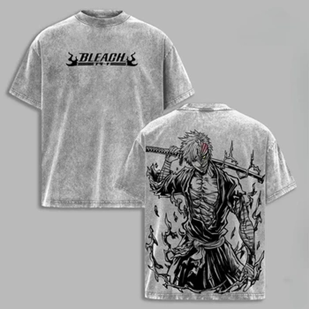Graphic Tee Oversized - ヴィンテージウォッシュ加工マンガBLEACH黒崎一護クールグラフィックTシャツオーバーサイズTシャツメンズレディース服コットン半袖Tシャツ