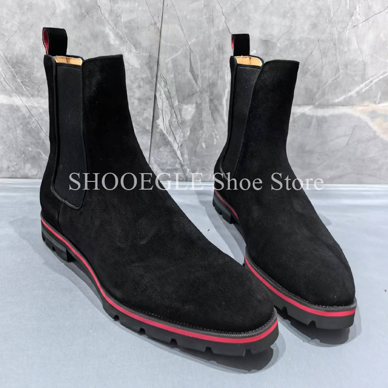 Mens Fashion Winter 2025 - ブラックカウスエードメンズブーツラウンドトゥフラットボトムファッションクラシックシューズメンズファッション2025秋冬スリッポンアンクルブーツ
