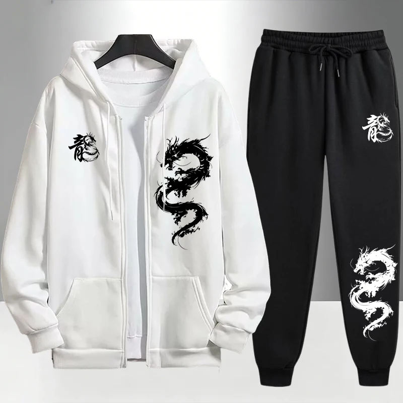 中国のドラゴンプリントトラックスーツ男性用ジッパーフード付き - Men'S Fashion Zipper Hoodie のレビューと価格