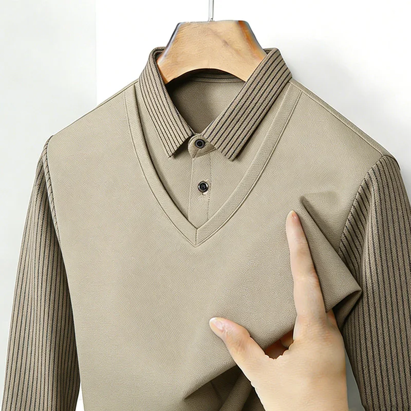 メンズフェイクツーピースシャツ襟 V ネック長袖トップカーキ - Men'S Fashion Course のレビューと価格