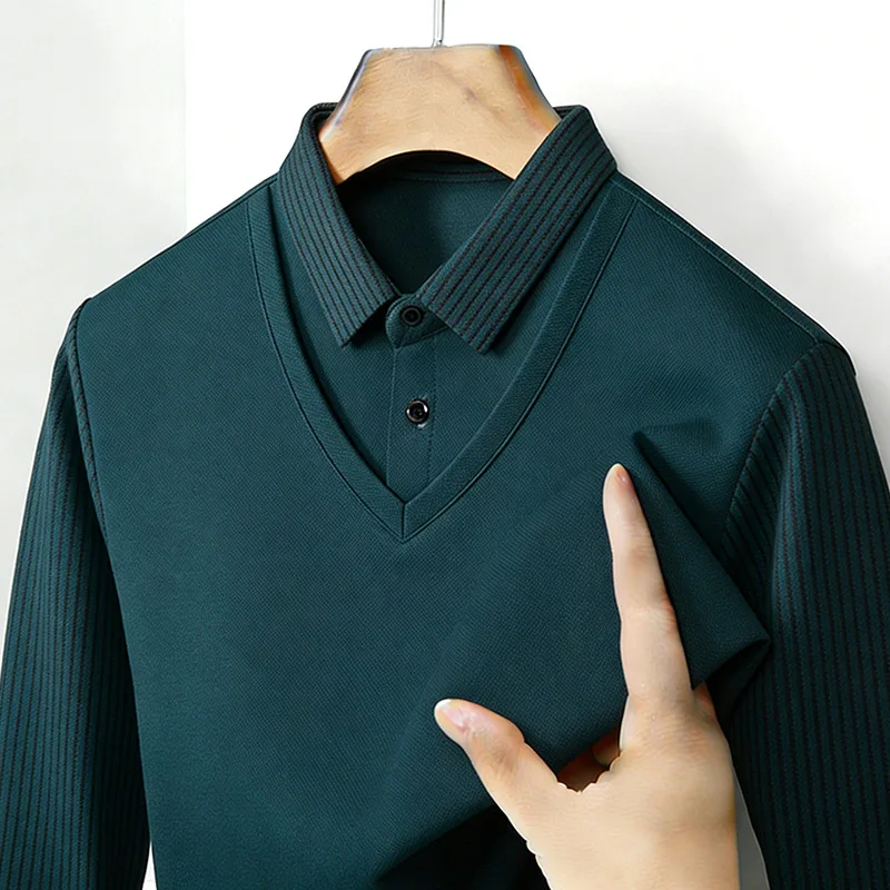 メンズフェイクツーピースシャツ襟 V ネック長袖トップカーキ - Men'S Fashion Course のレビューと価格