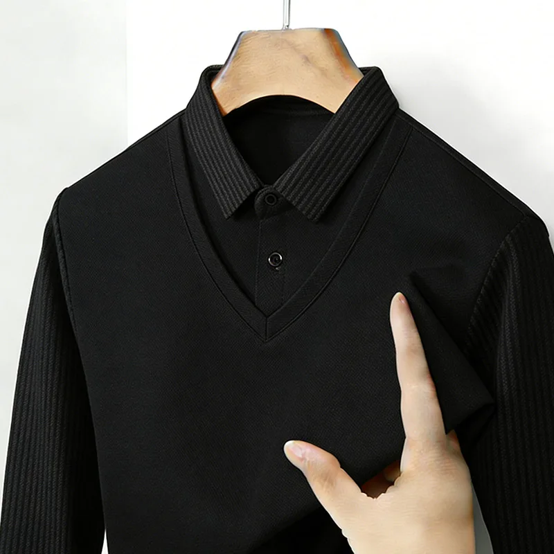メンズフェイクツーピースシャツ襟 V ネック長袖トップカーキ - Men'S Fashion Course のレビューと価格