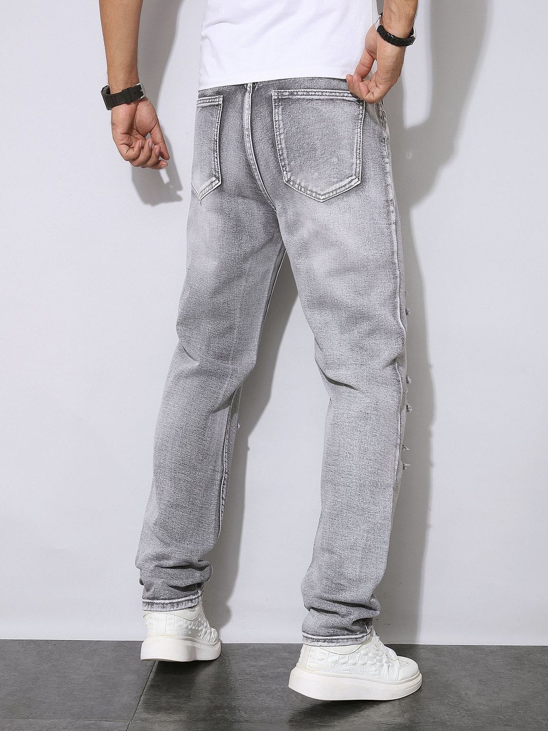 メンズ秋冬ダメージ加工グレーデニムパンツアメリカンストリート - Men'S Fashion Grey Jeans のレビューと価格