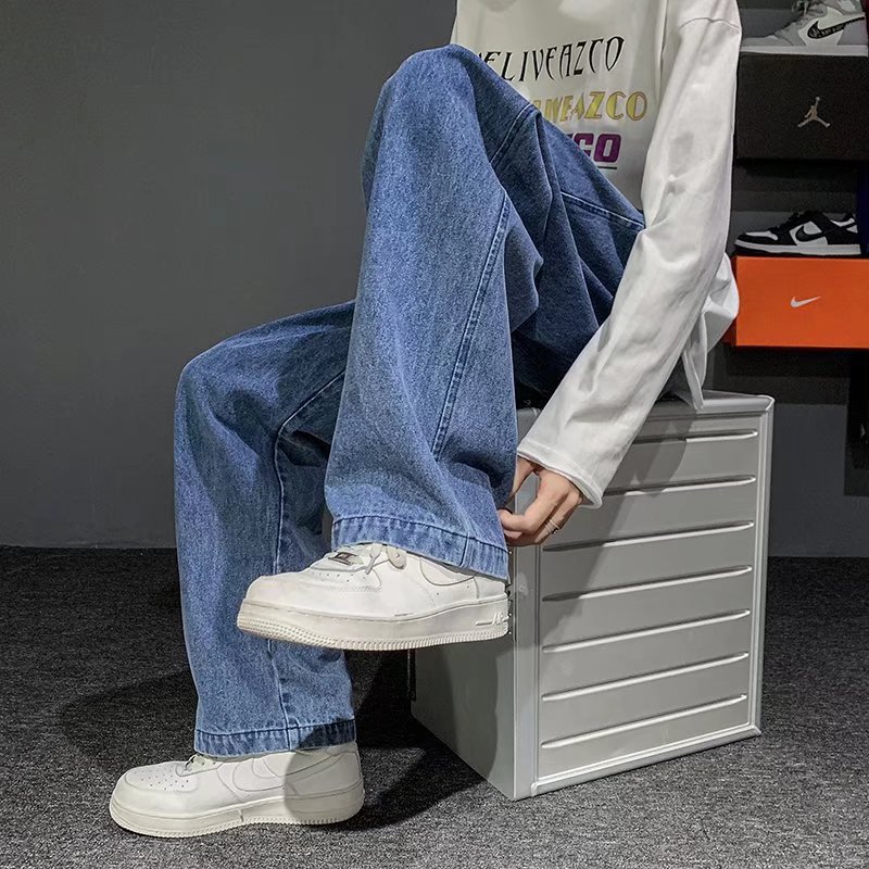 韓国のメンズバギージーンズ,ワイドレッグ,デニム,ストリート - Men'S Fashion Grey Jeans のレビューと価格