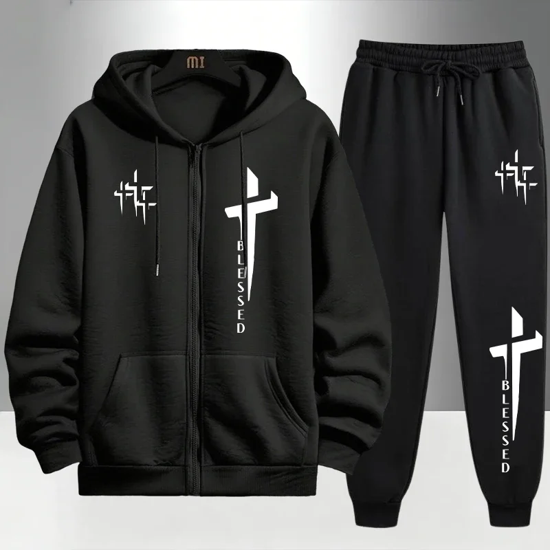 メンズ用、クロス柄プリントのトラックスーツ。ジッパー付きのフ - Men'S Fashion Zipper Hoodie のレビューと価格