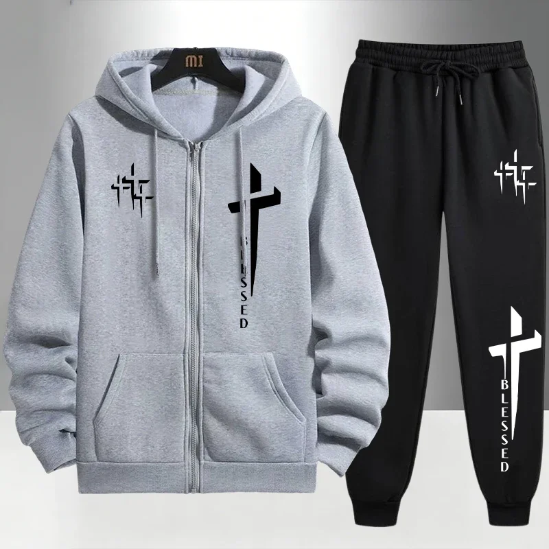 メンズ用、クロス柄プリントのトラックスーツ。ジッパー付きのフ - Men'S Fashion Zipper Hoodie のレビューと価格