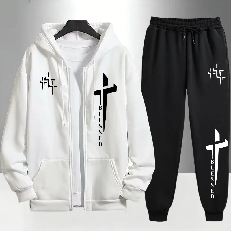 メンズ用、クロス柄プリントのトラックスーツ。ジッパー付きのフ - Men'S Fashion Zipper Hoodie のレビューと価格
