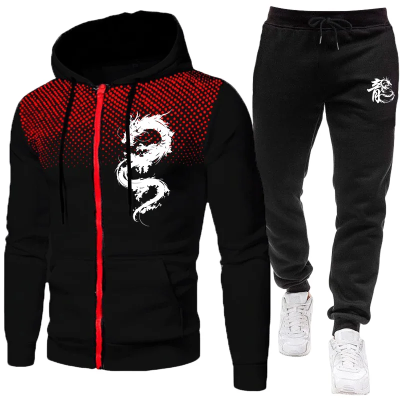 メンズパリドラゴン柄ファッションプリントセットアップ ツーピ - Men'S Fashion Zipper Hoodie のレビューと価格